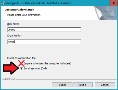 Doporučená změna při instalaci