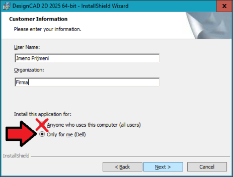 Doporučená změna při instalaci